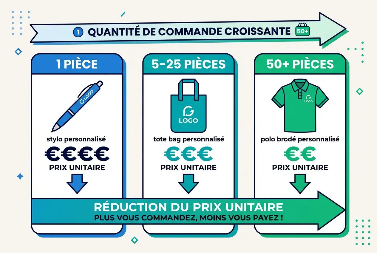 Diagramme illustrant la réduction du prix unitaire selon les quantités: 1 pièce stylo personnalisé, 5–25 pièces tote bag personnalisé, 50+ pièces polo brodé personnalisé; inclut logos et prix unitaire. Goodies entreprise personnalisable pas cher.