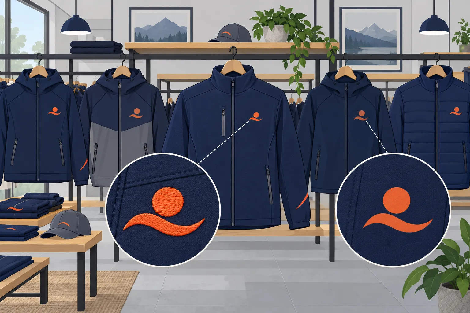 Veste softshell bleu fonc&eacute; avec logo orange en relief sur la poitrine et sur l&rsquo;&eacute;paule, expos&eacute;e parmi d&rsquo;autres vestes