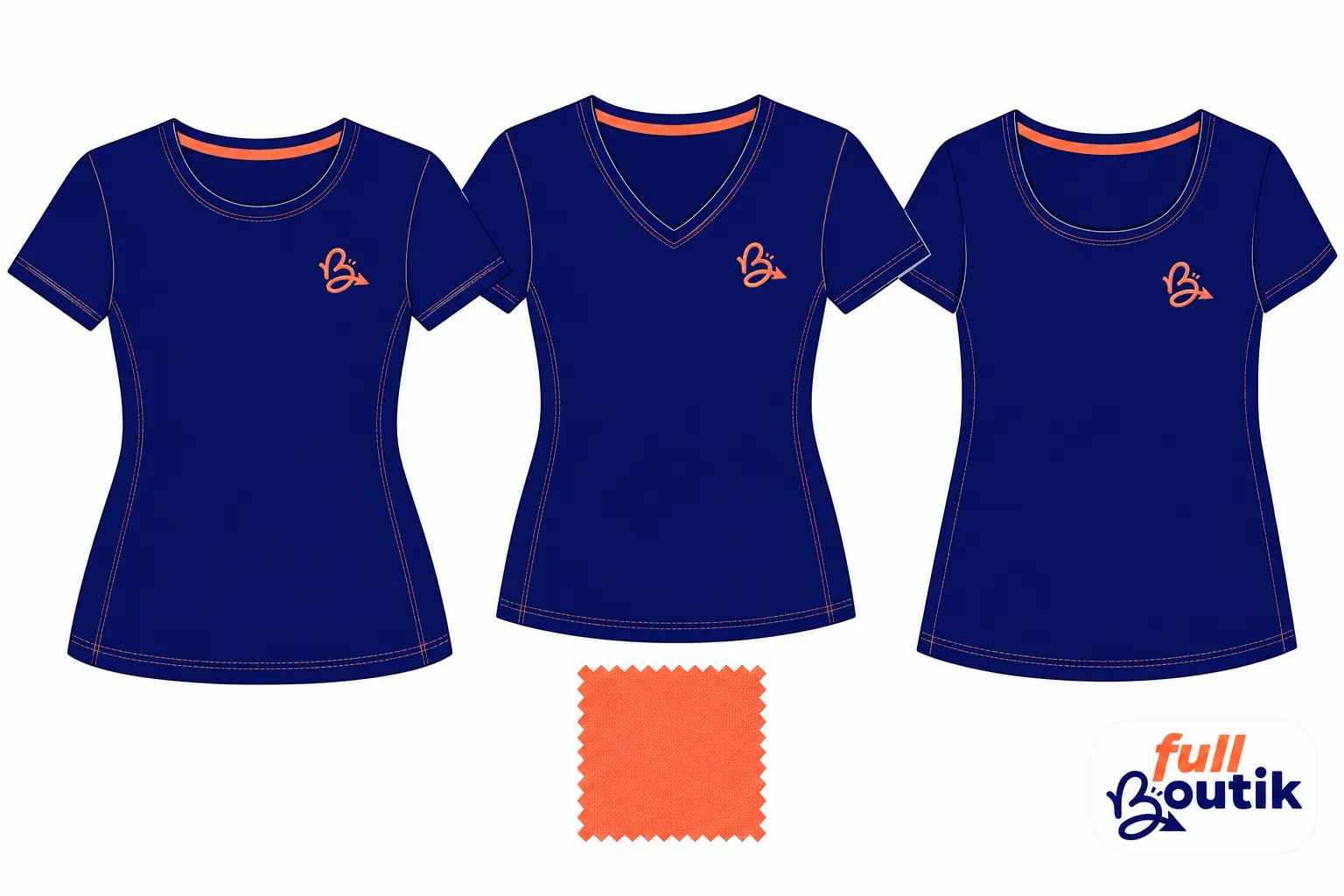 Trois t-shirts bleu marine pour femme avec logo orange sur le côté gauche et un échantillon de tissu orange au centre.