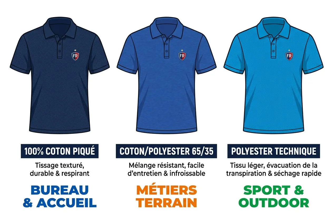 Polo personnalisé avec logo entreprise: trois polos bleus en différentes teintes, avec logo FR sur la poitrine, catégorie Bureau & Accueil, Métiers Terrain et Sport & Outdoor.