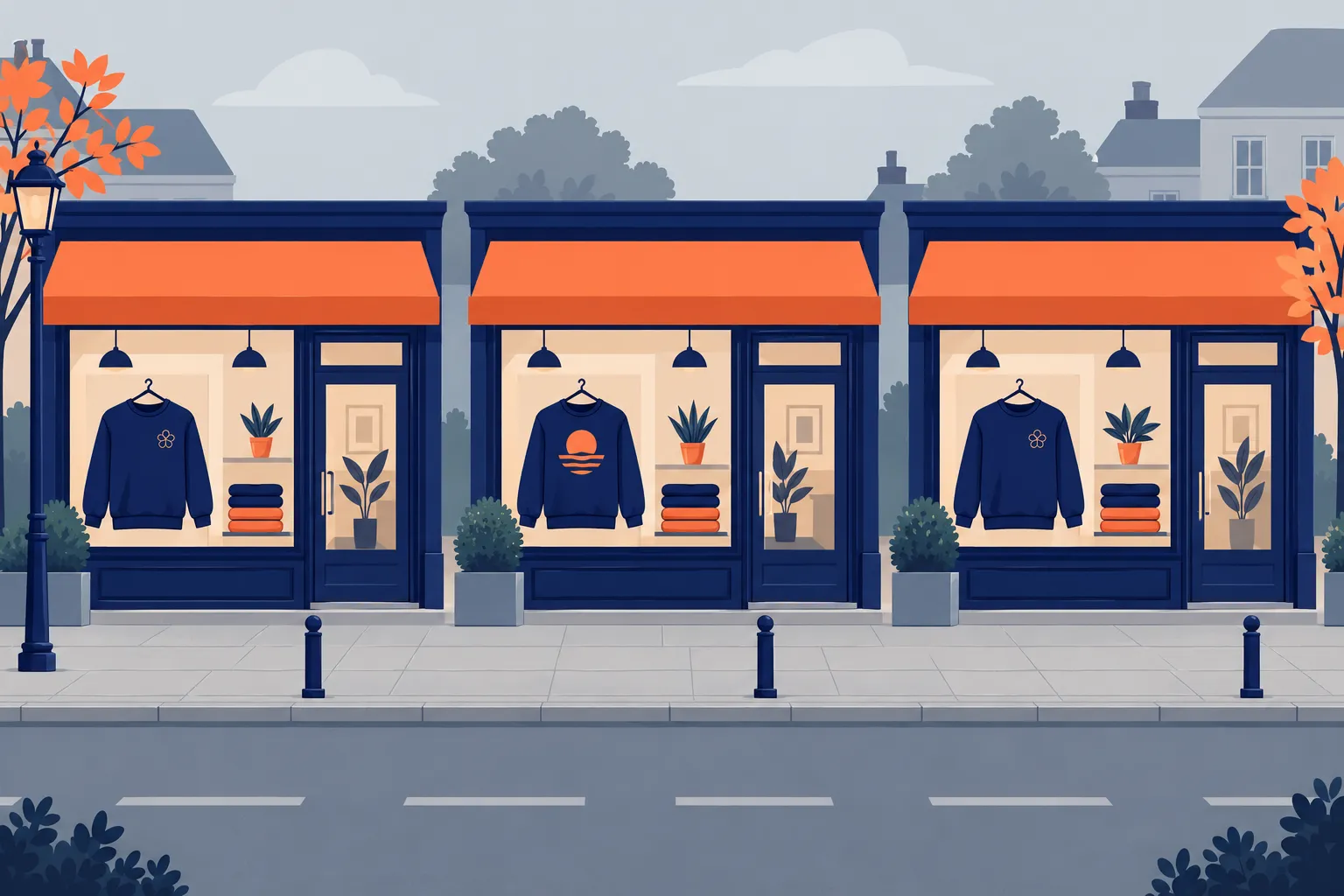 Trois boutiques avec fa&ccedil;ades bleues et toits orange pr&eacute;sentent des v&ecirc;tements sur cintres &agrave; l&rsquo;int&eacute;rieur.