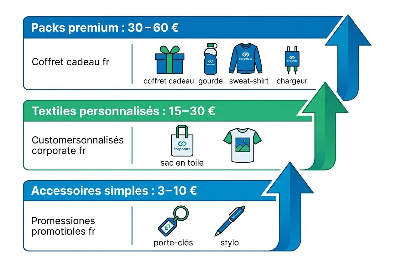 Coffret cadeau et goodies personnalisés pour clients: coffret cadeau, gourde, sweat-shirt et chargeur, puis textiles personnalisés et accessoires simples.