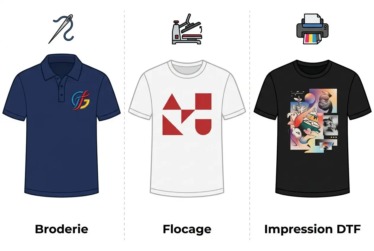 T-shirt bleu polo brodé avec logo personnalisé, au centre flocage sur t-shirt blanc avec motif géométrique rouge, et t-shirt noir imprimé DTF multicolore. Vêtement personnalisé entreprise.