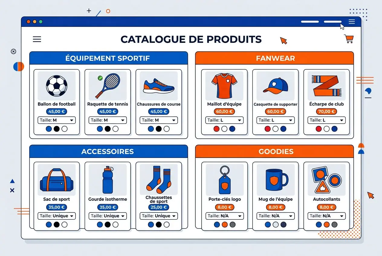 Catalogue de produits affiché sur une boutique en ligne avec sections Équipement sportif, Fanwear, Accessoires et Goodies, produits et prix visibles. créer une boutique en ligne gratuitement et facilement
