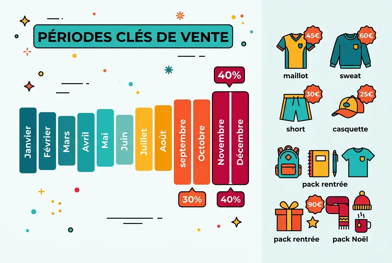 Périodes clés de vente illustrées pour aider une boutique en ligne pour club de sport: mois colorés et chiffres 30% et 40% avec articles comme maillot, sweat, short, casquette et packs.