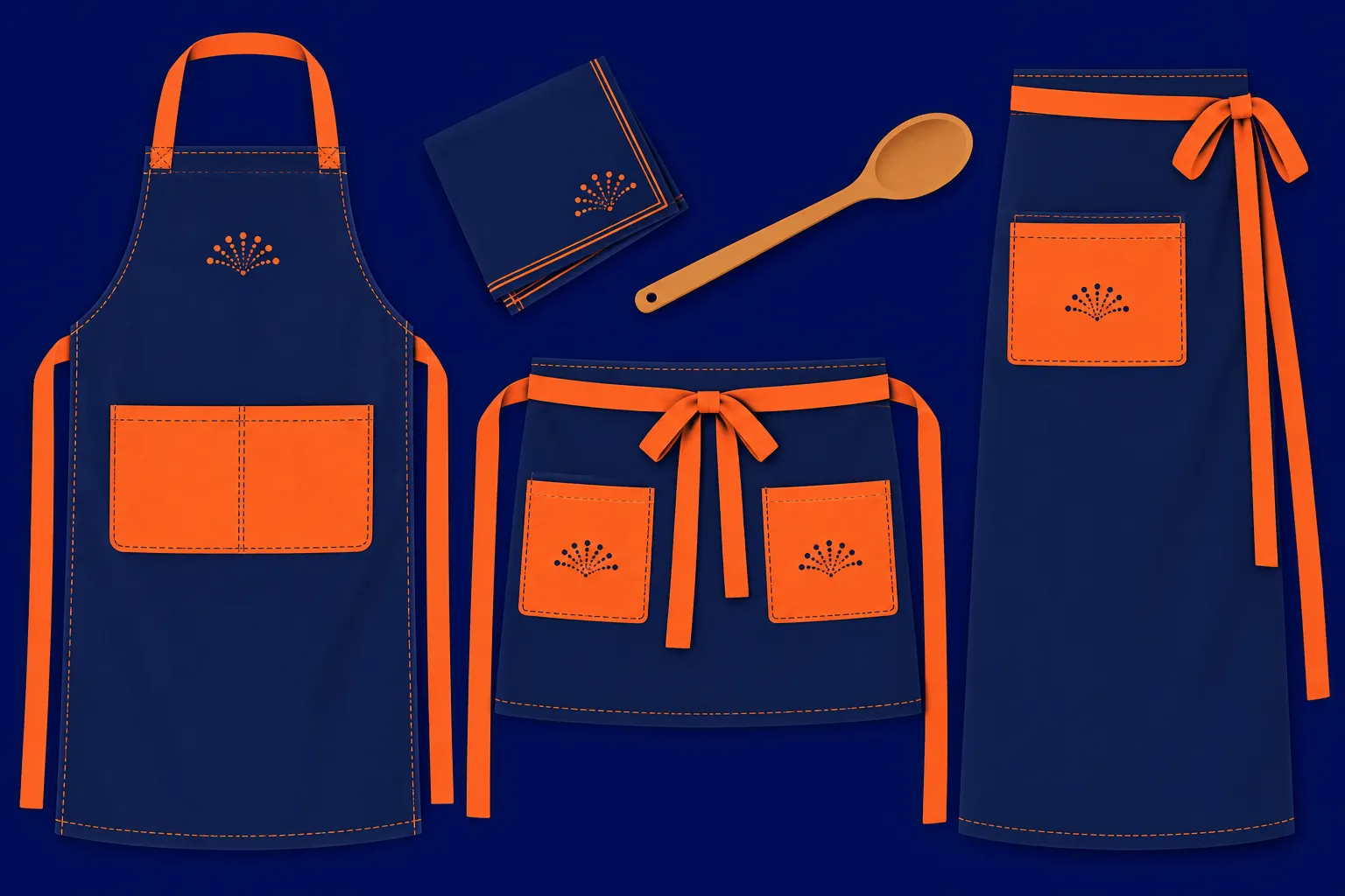 Tabliers bleu foncé avec poignets et poches orange, assortis d’un tablier et d’un livre de recettes posé à côté.