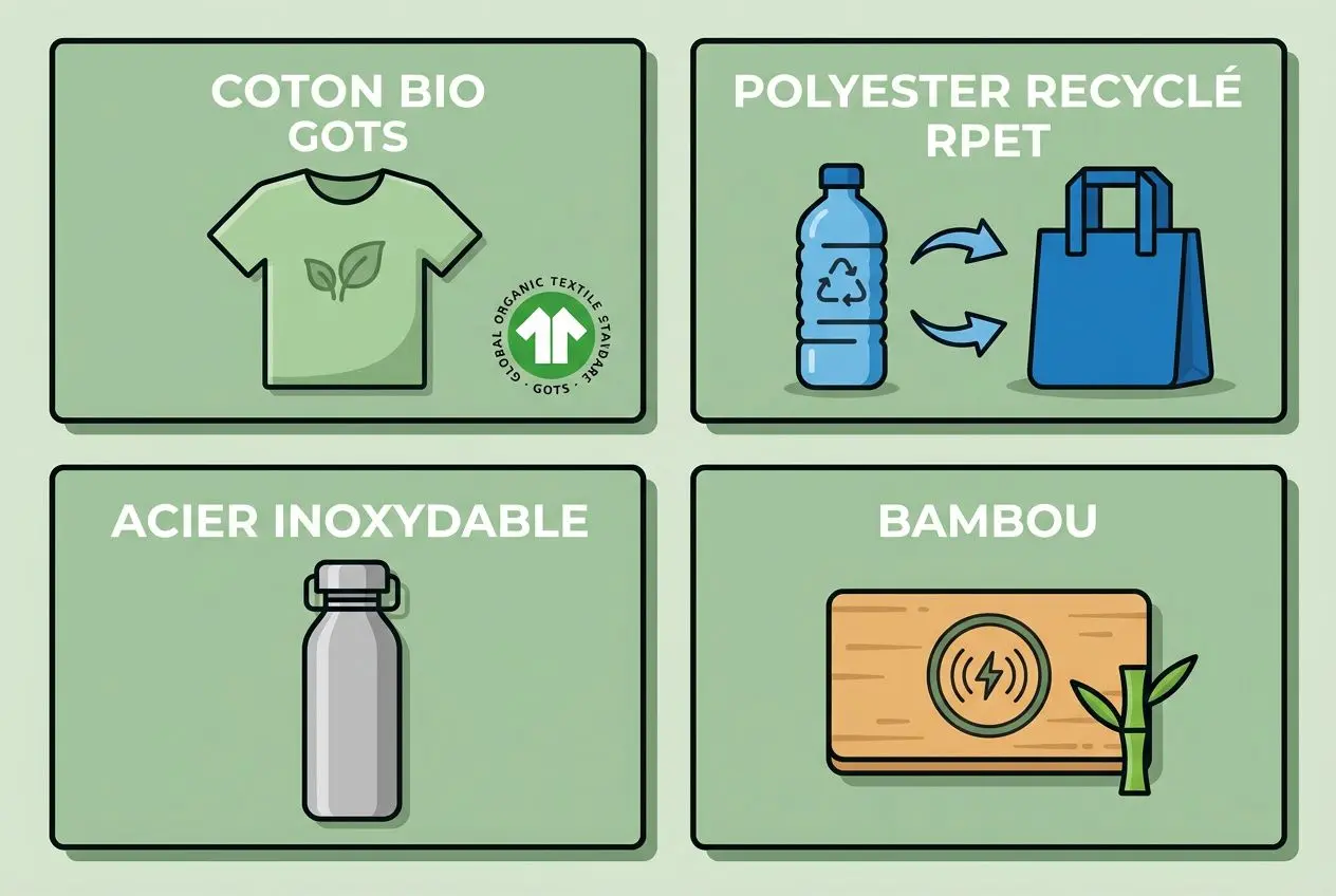 Différents goodies personnalisés pour clients : t-shirt en coton bio, sac en polyester recyclé RPET, bouteille en acier inoxydable et bloc-notes en bambou.