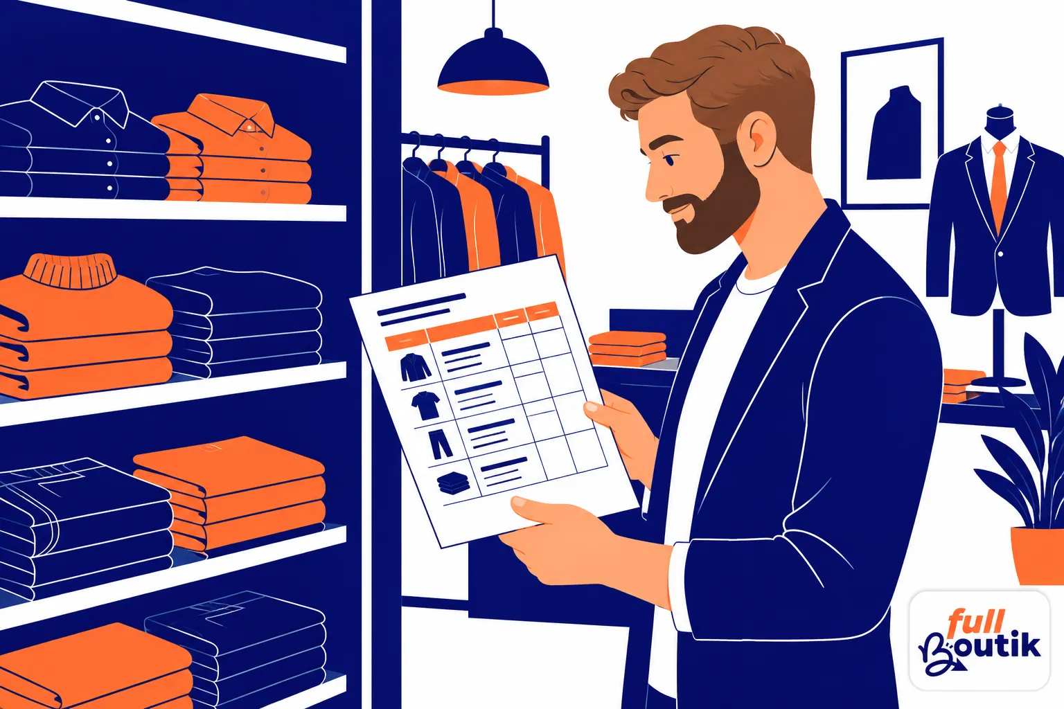 Un homme avec une chemise bleue consulte un devis imprim&eacute; dans une boutique de v&ecirc;tements.
