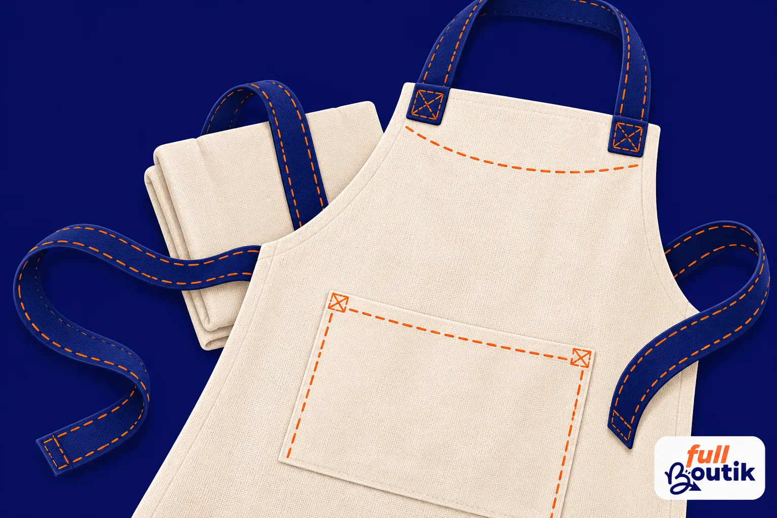 Tablier en coton beige avec surpiqûres orange et ceintures bleues posé à plat.