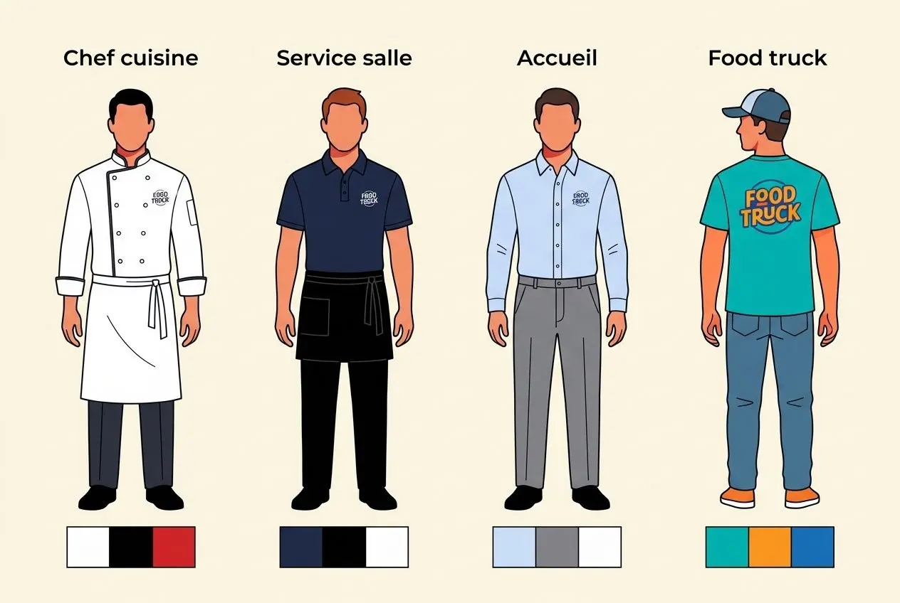 Quatre silhouettes de personnel en tenue professionnelle: chef cuisine en robe blanche et tablier, service salle en polo navy, accueil en chemise bleue, et livreur Food Truck en t-shirt turquoise; &eacute;chantillons de couleurs au bas. V&ecirc;tement de restauration personnalis&eacute; avec logo.