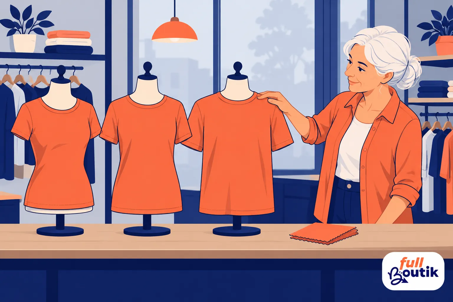 Une femme montre trois t-shirts orange sur des mannequins dans un magasin.