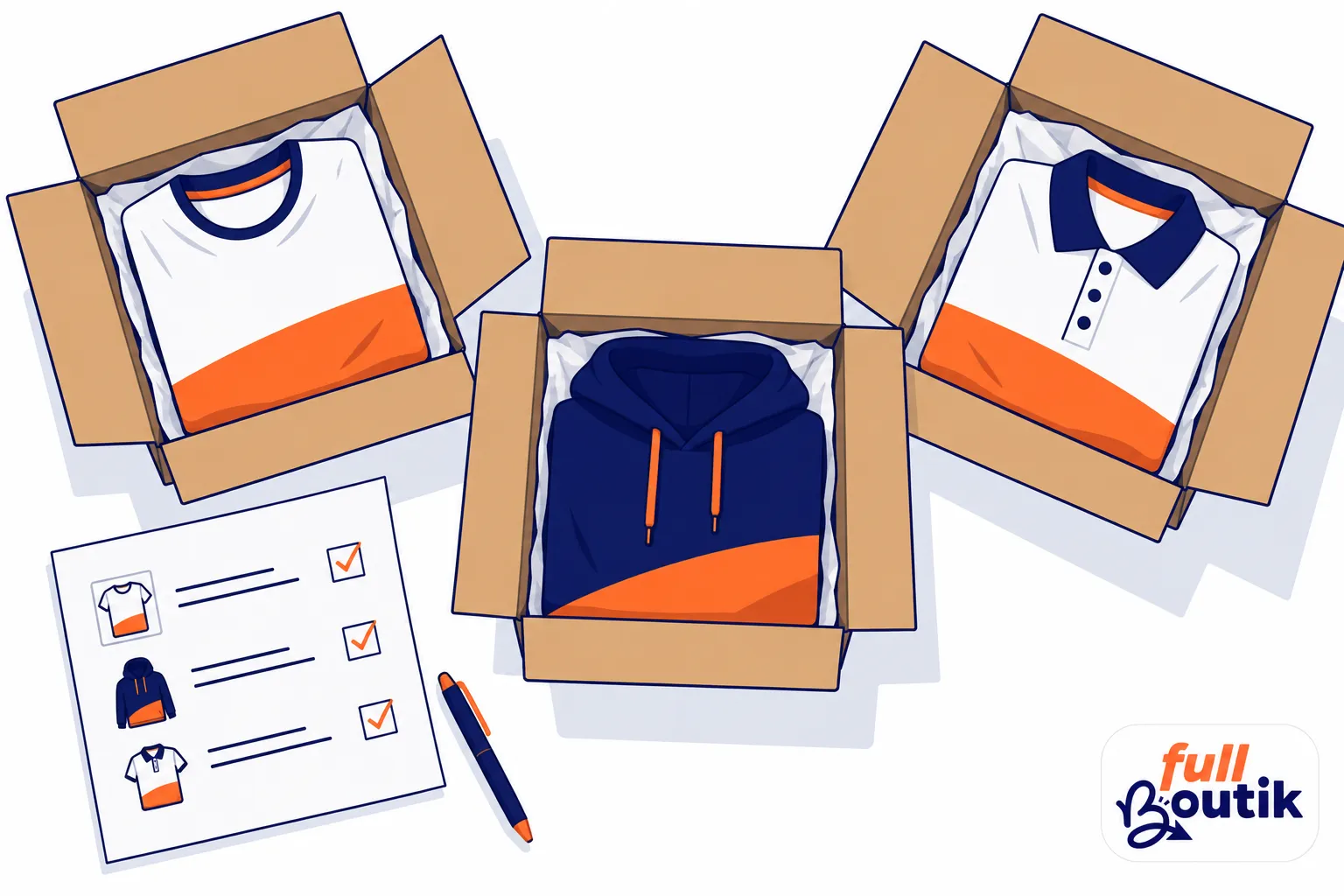 Trois colis contenant des v&ecirc;tements personnalis&eacute;s et une liste de commandes avec un crayon.