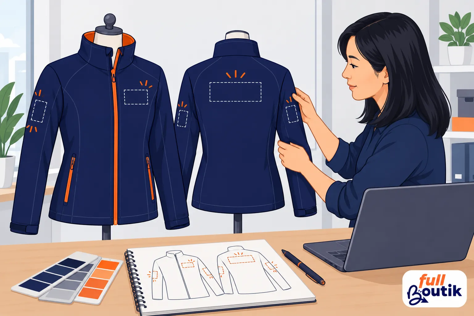 Une personne ajuste une veste softshell bleu marine sur un mannequin pendant que des planches de dessins et des &eacute;chantillons