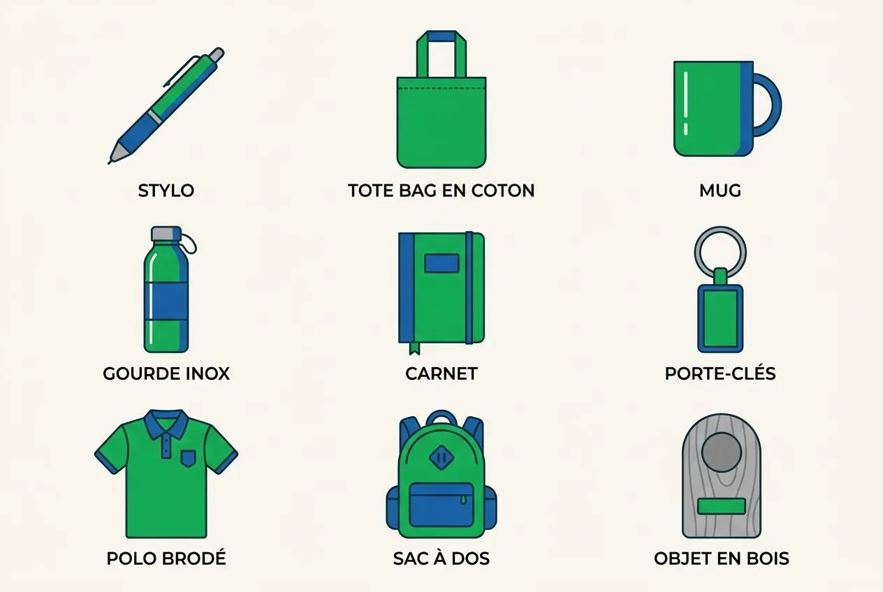 Goodies entreprise personnalisable pas cher: ensemble d’objets publicitaires avec logo, comme stylo, tote bag, mug et autres.