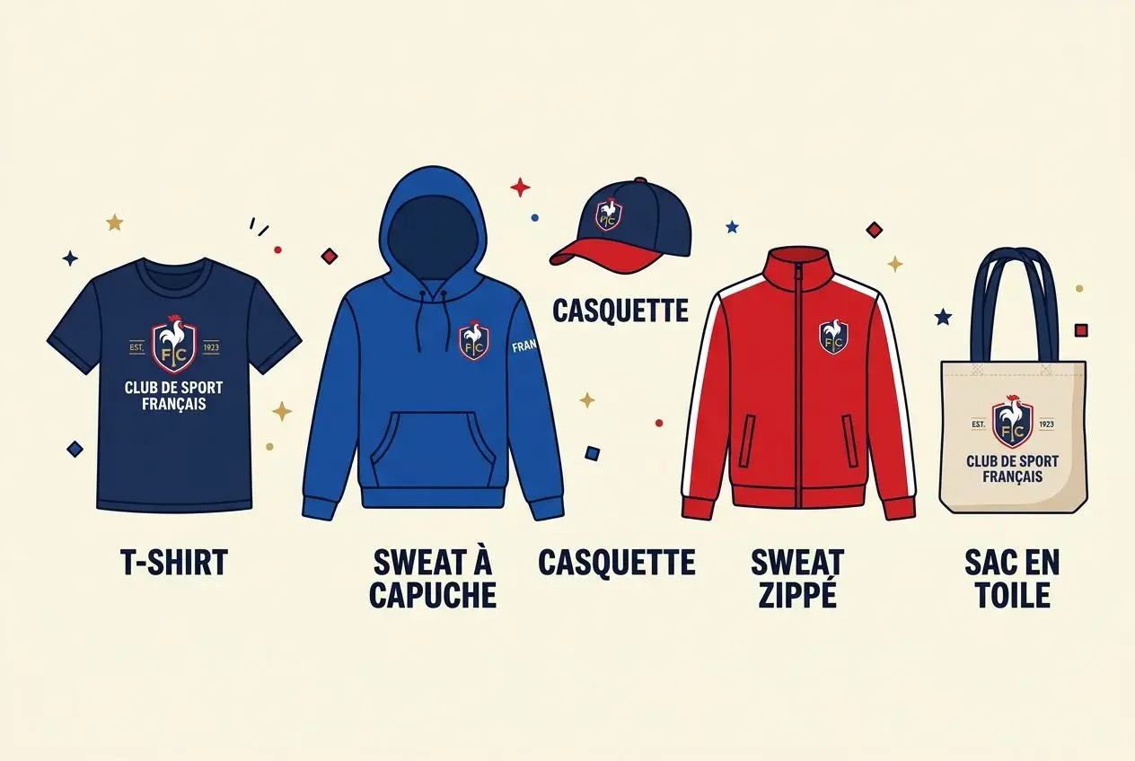 V&ecirc;tement personnalis&eacute; association: collection affichant T-shirt, sweat &agrave; capuche, casquette, sweat zipp&eacute; et sac en tote pour club de sport fran&ccedil;ais.