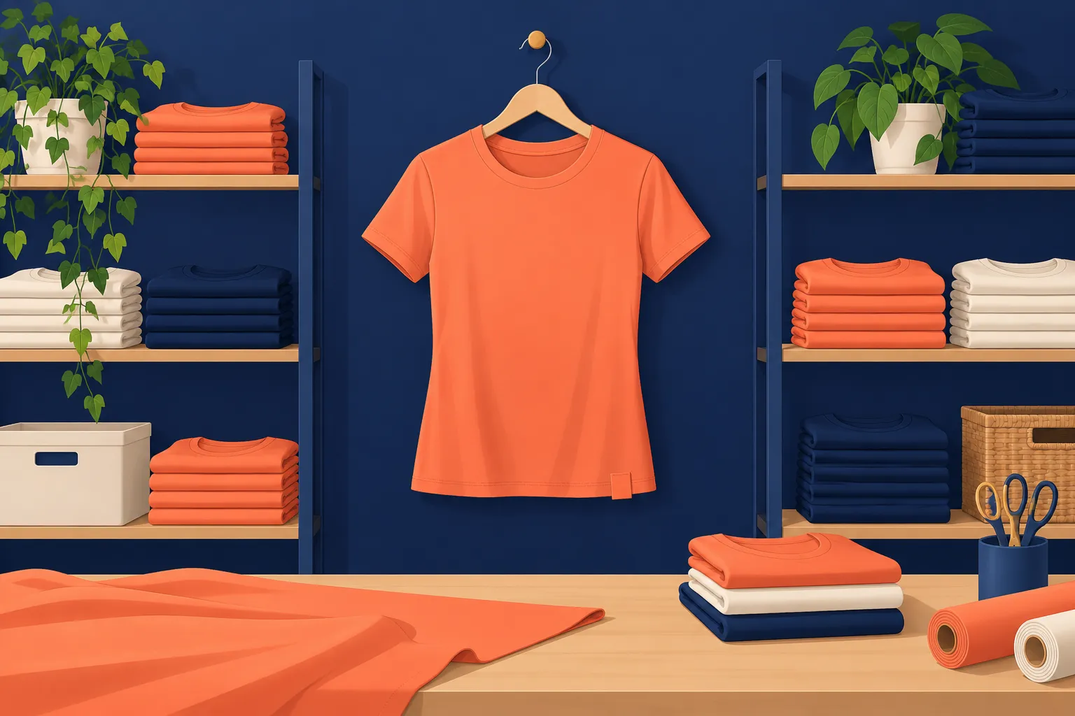 Tee-shirt orange suspendu sur cintre, au centre, dans une boutique avec étagères de vêtements couleur bleu et piles de tissu