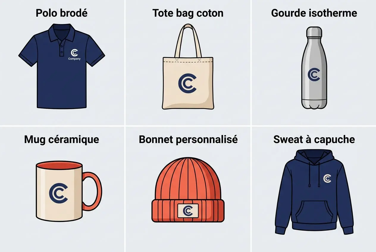 Polo brodé, tote bag coton, gourde isotherme, mug céramique, bonnet personnalisé, sweat à capuche, goodies personnalisés pour cse