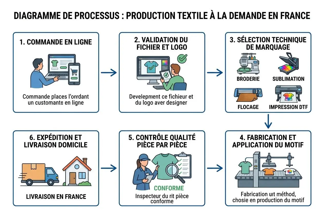 Diagramme de processus pour la production &agrave; la demande textile en France, &eacute;tape par &eacute;tape.